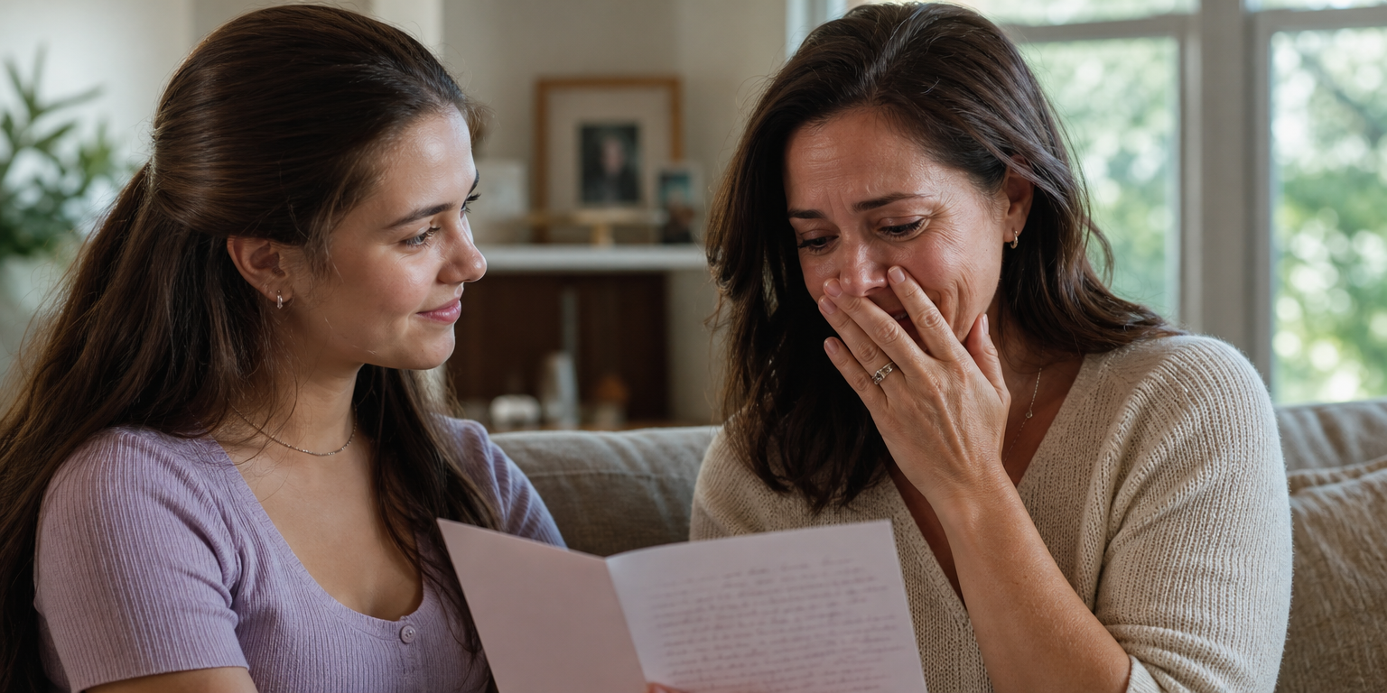 Mère et fille, lettre, larmes d'émotion