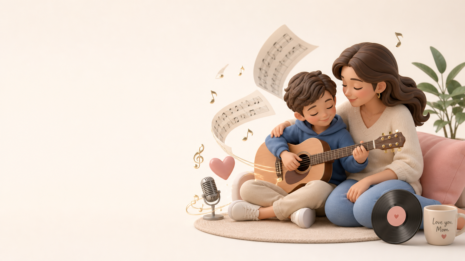 Mère et enfant, guitare, notes de musique