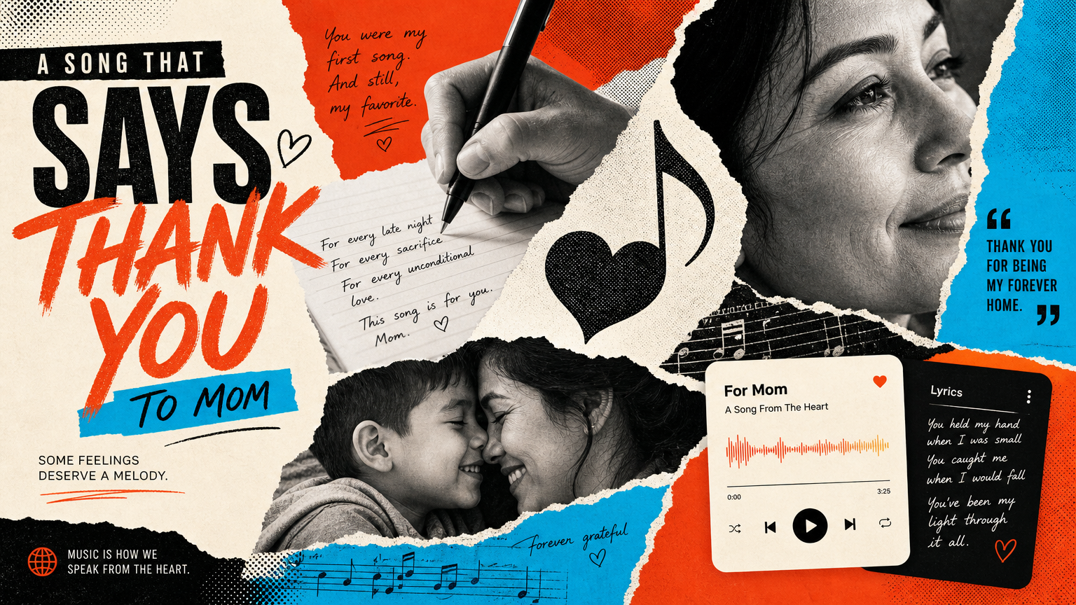 Mère et enfant, notes de musique, crayon et cœur