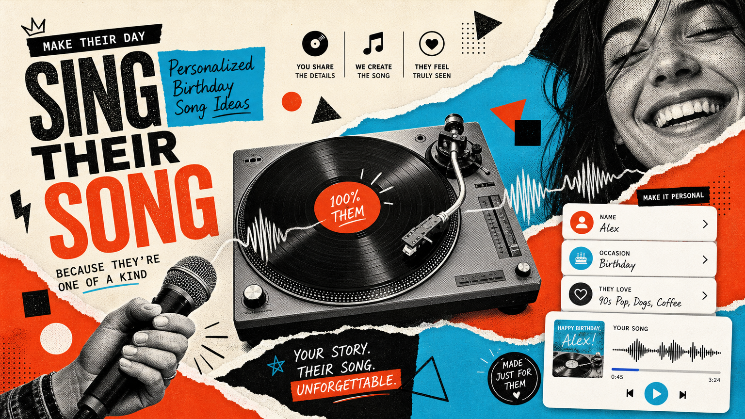 Microphone, record player, smiling face, musical notes