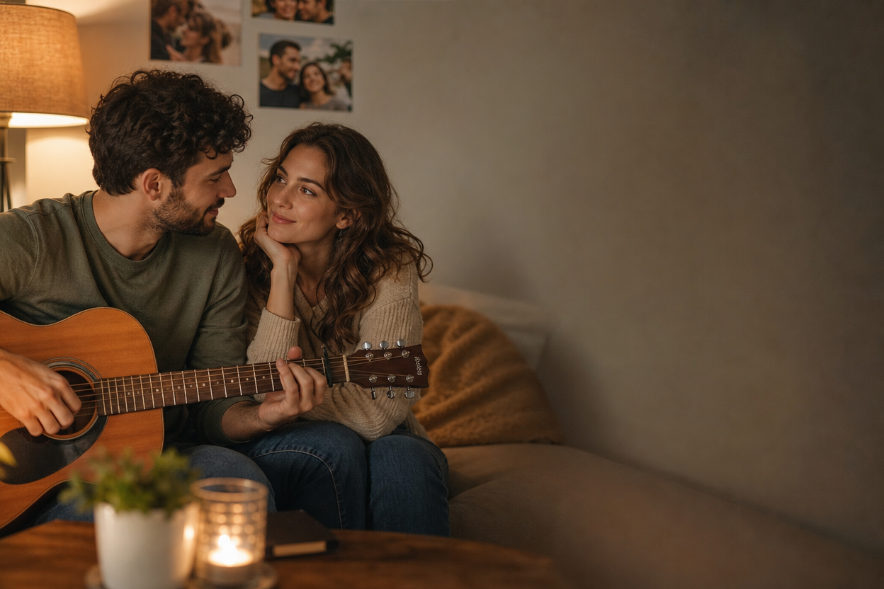 Couple sur canapé, guitare, regards tendres