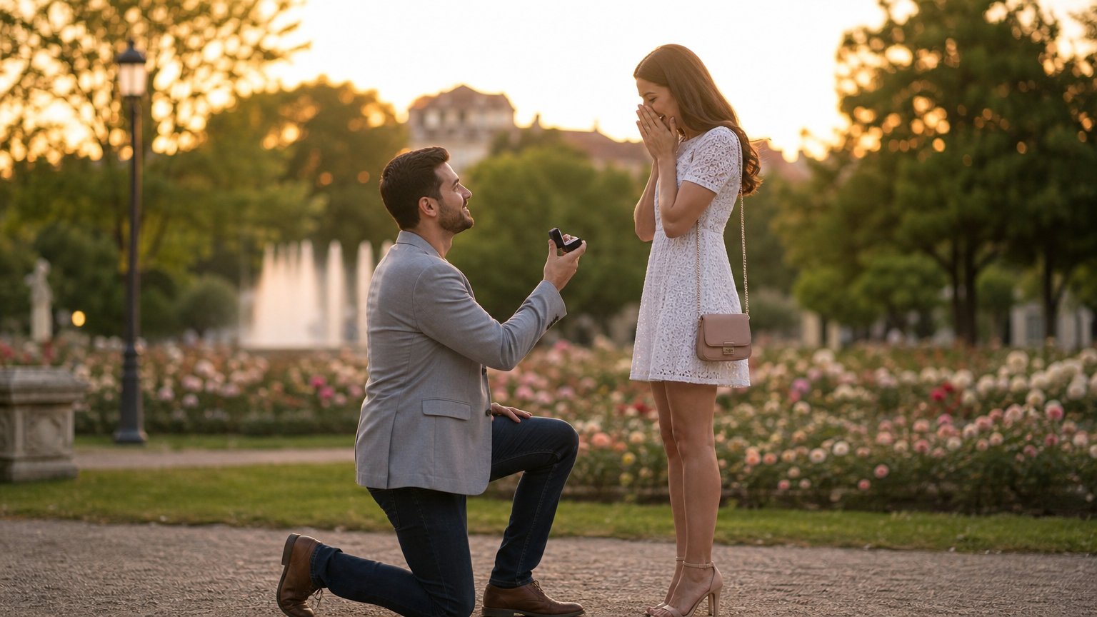 Demande en mariage surprise dans un parc fleuri