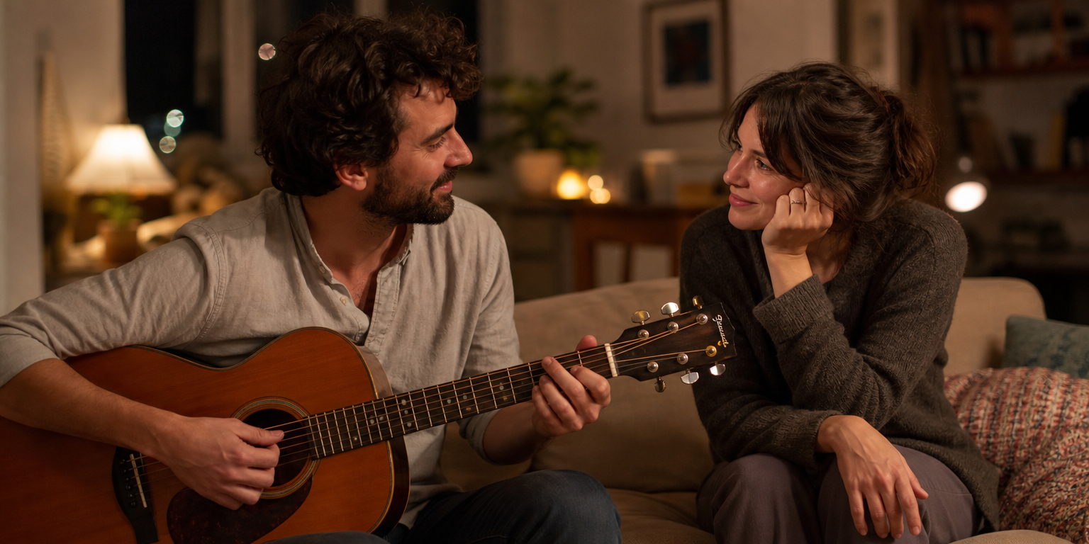 Couple sur un canapé, musique en soirée
